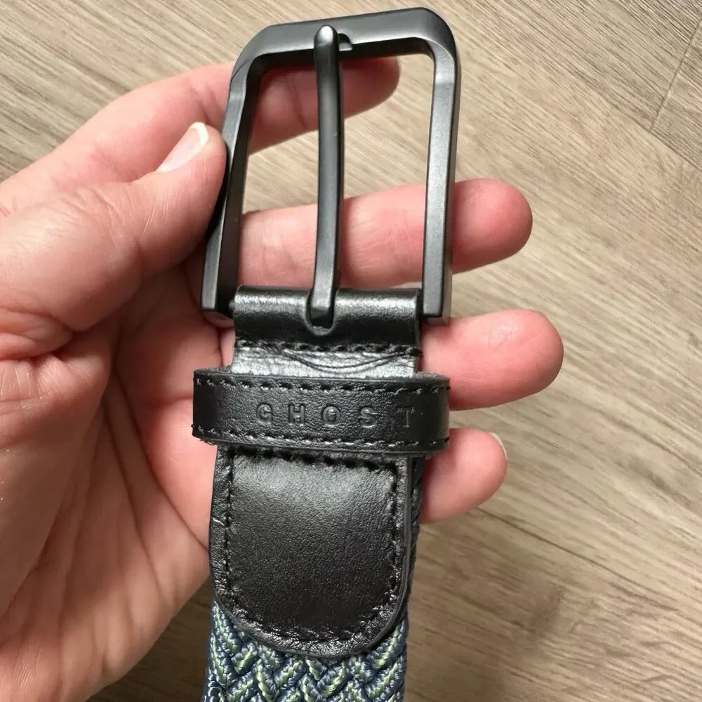 Ghost Golf Xander Men's Woven Stretch Belt - Navy Blue & Green Black Hardware